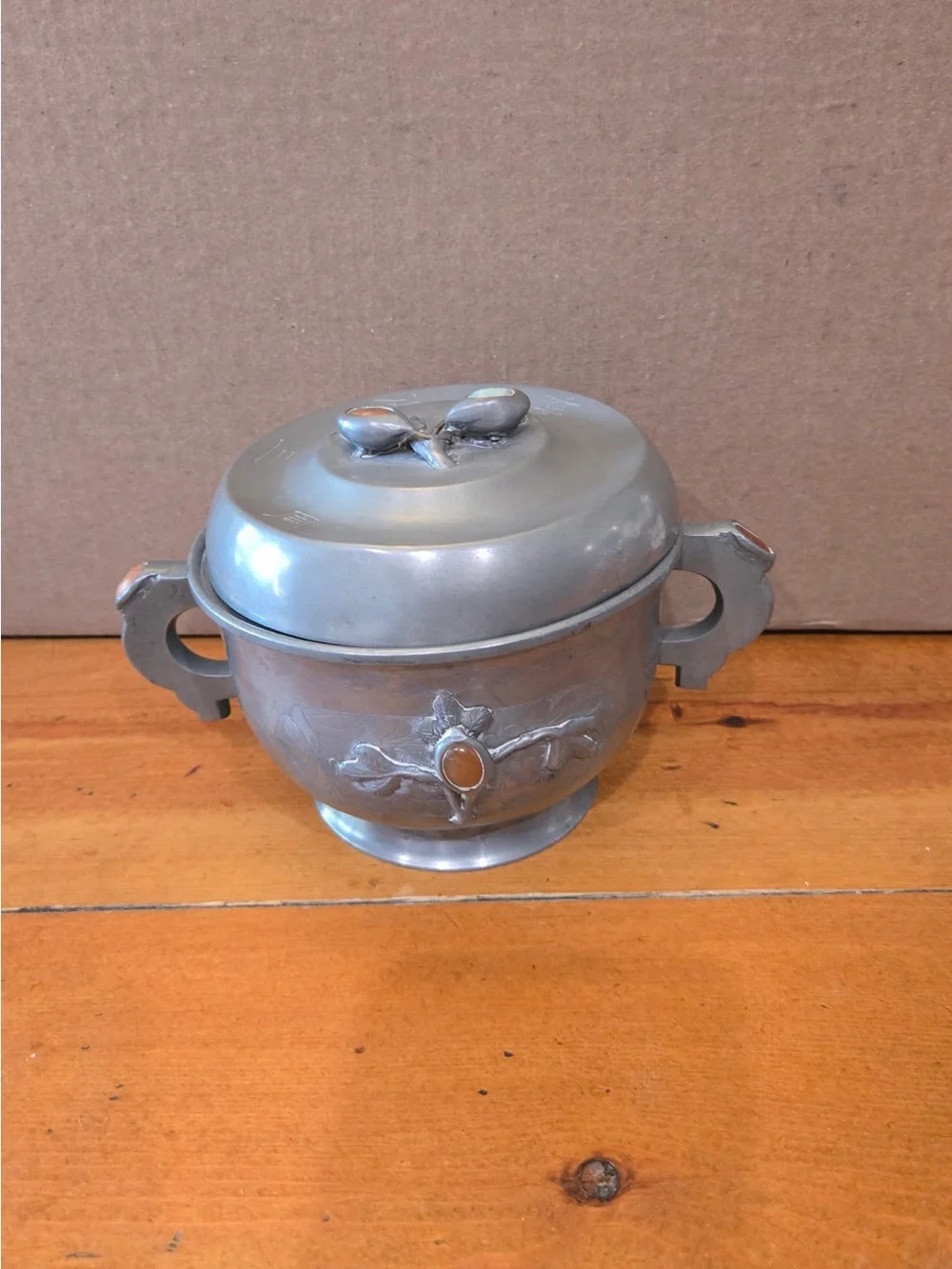 Chinese antique Silver Decorative Lidded Serving Bowl with Stone Accents